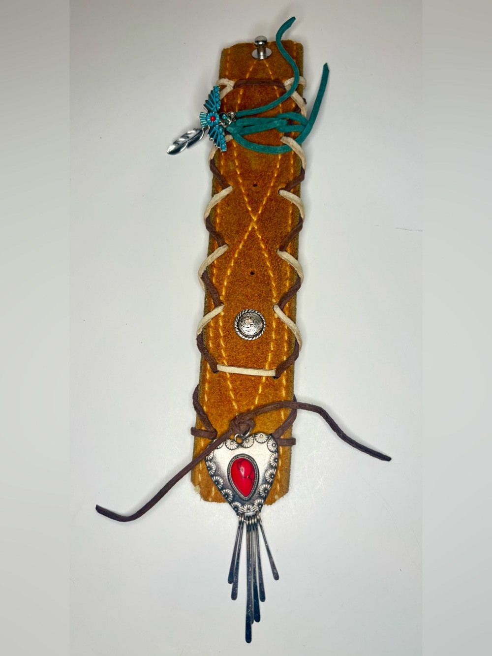 Leather Cuff Bracelet Southwestern Red Faux Turquoise Heart Concho Fringe‎ Wrap
